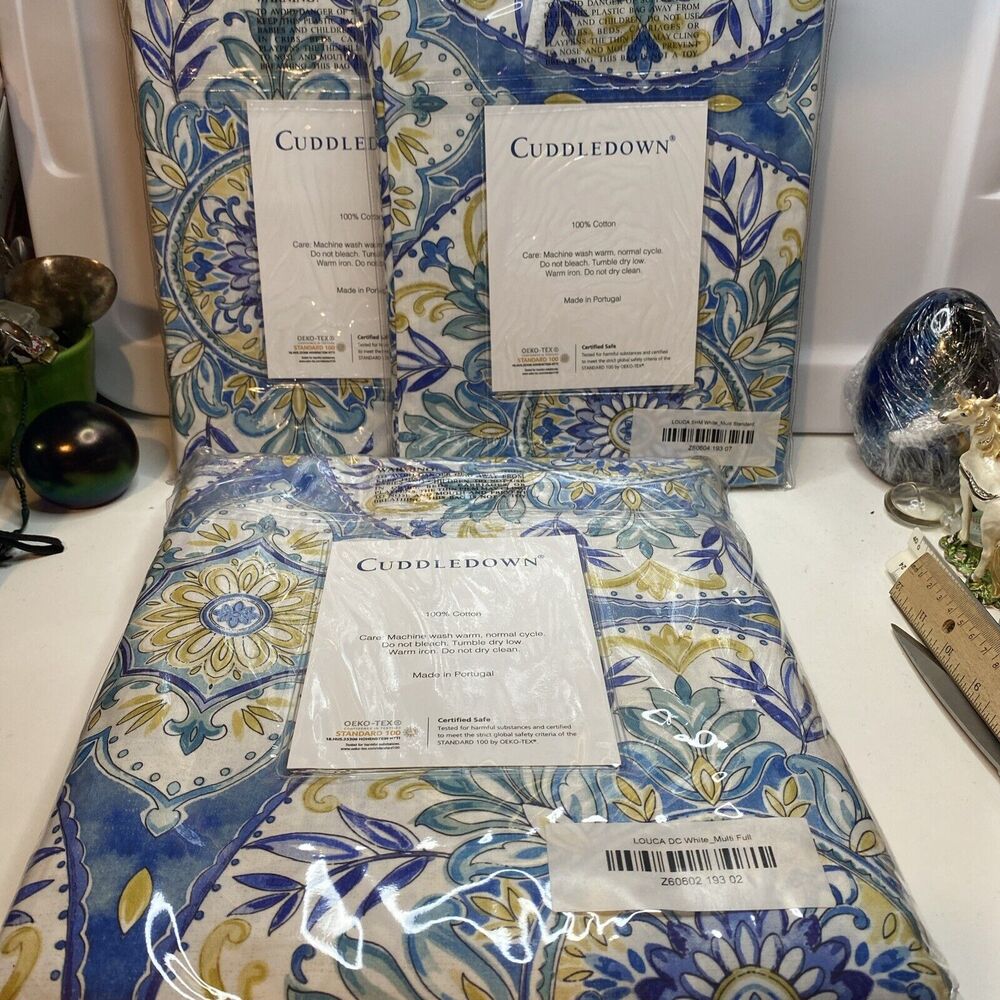 SET 4 Cuddledown Blue Medallion Full Duvet Cover 2 Std Shams 1 Standard Queen PC